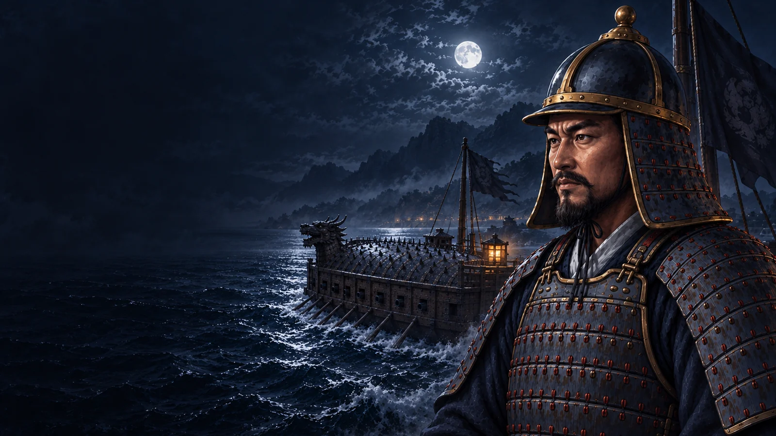 Title key visual showing Yi Sun-sin and a turtle ship under moonlight